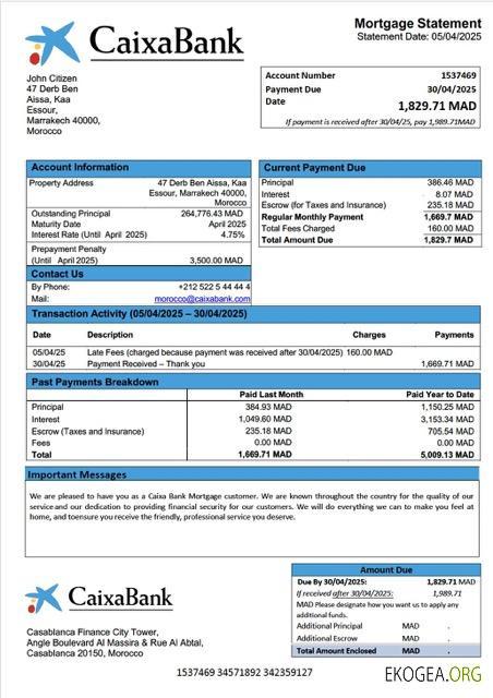 Modèle Word et PDF de relevé hypothécaire de la Caixa Bank Maroc